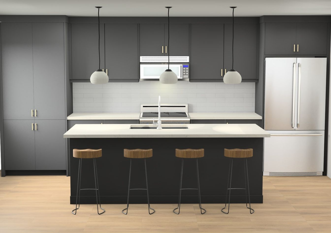 A bicycle is parked in front of a white house.