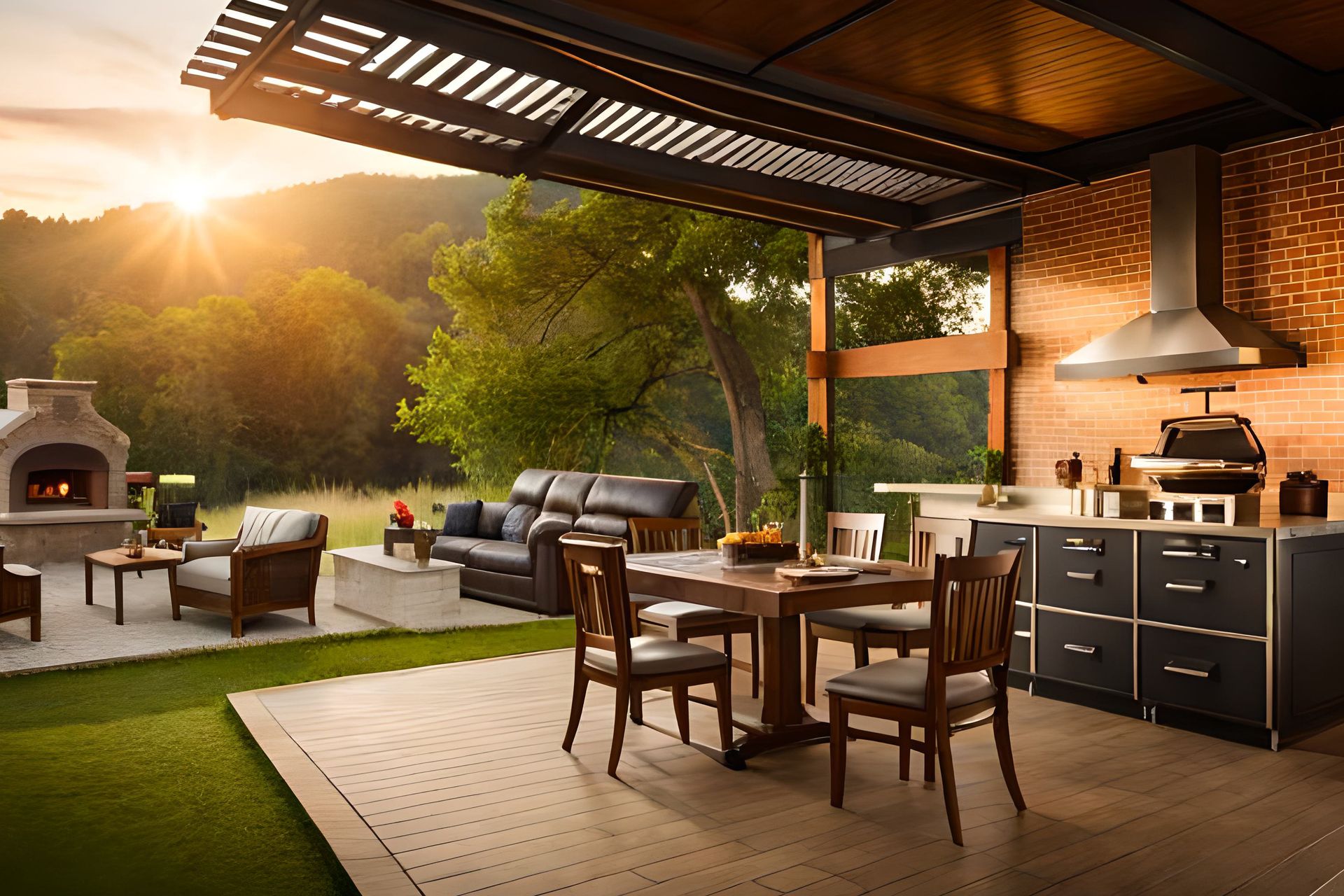 A patio with a table and chairs and a couch