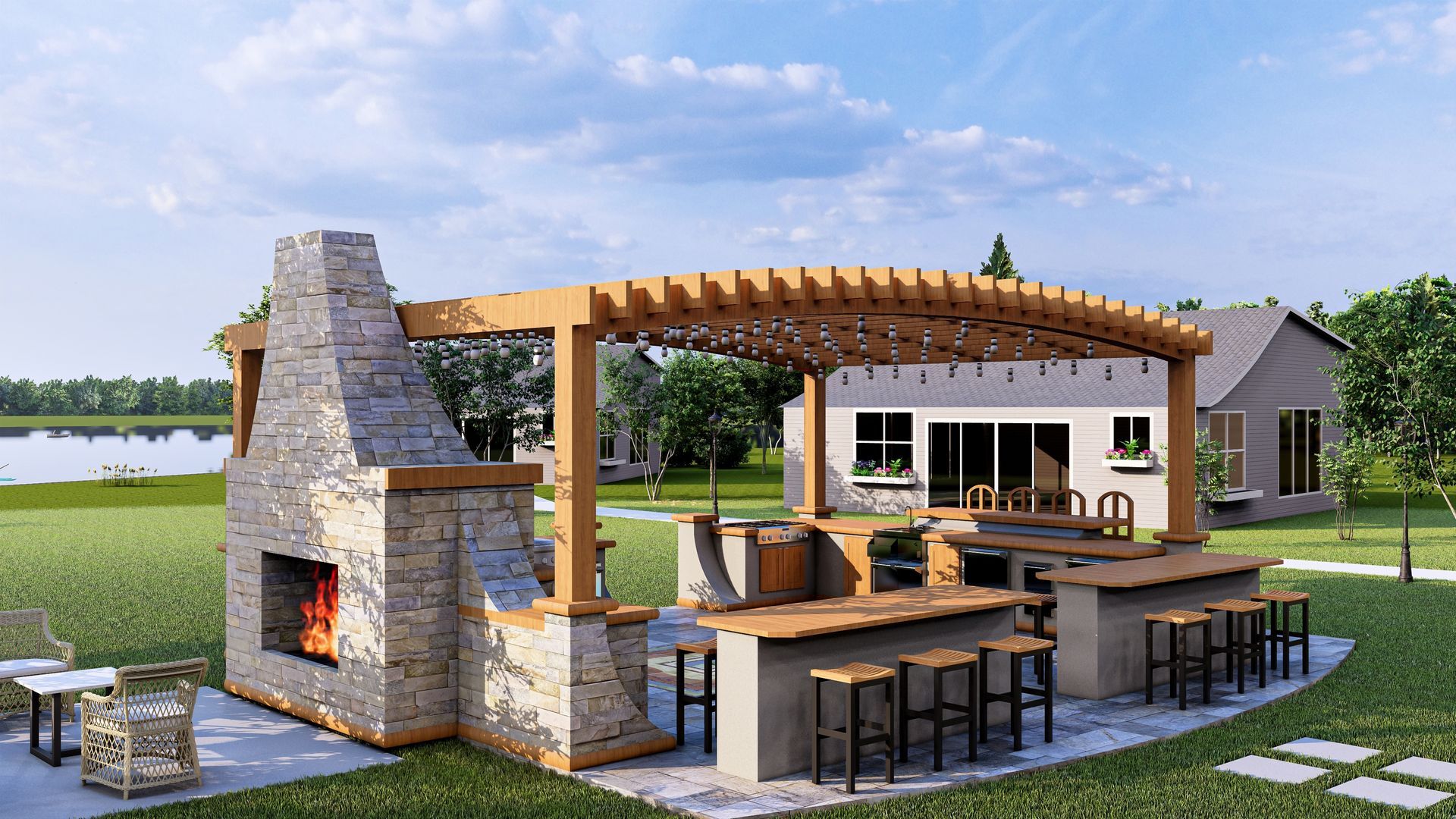 A rendering of a patio with a fireplace and a pergola.