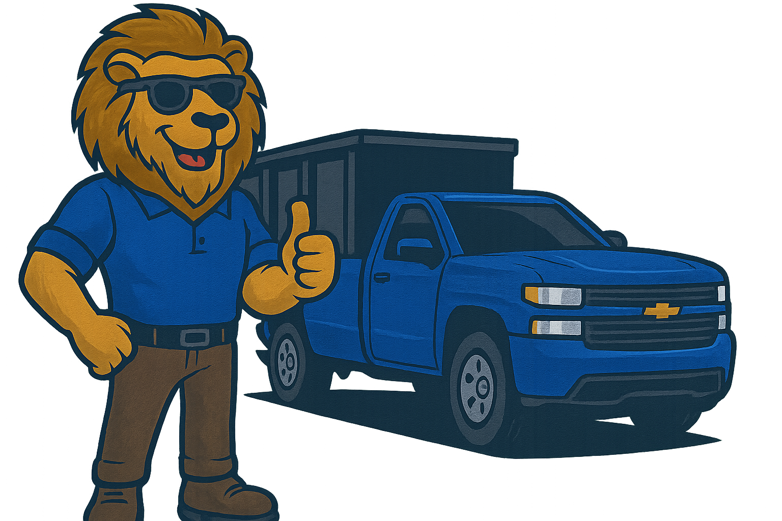 Lion mascot in sunglasses, giving a thumbs up next to a blue pickup truck with a dumpster in the bed.