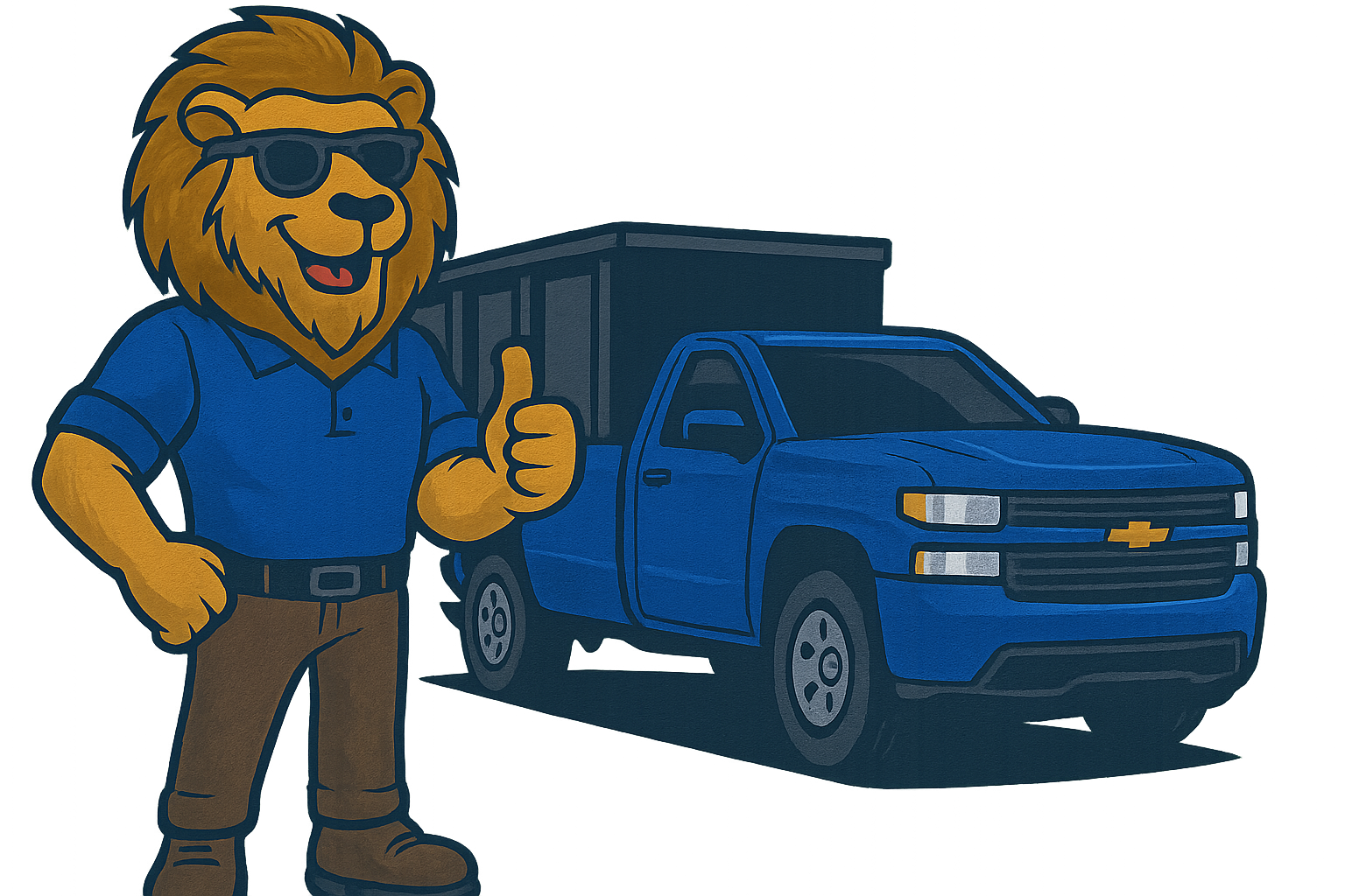 A cartoon lion wearing sunglasses gives a thumbs-up, standing next to a blue pickup truck hauling a dumpster.