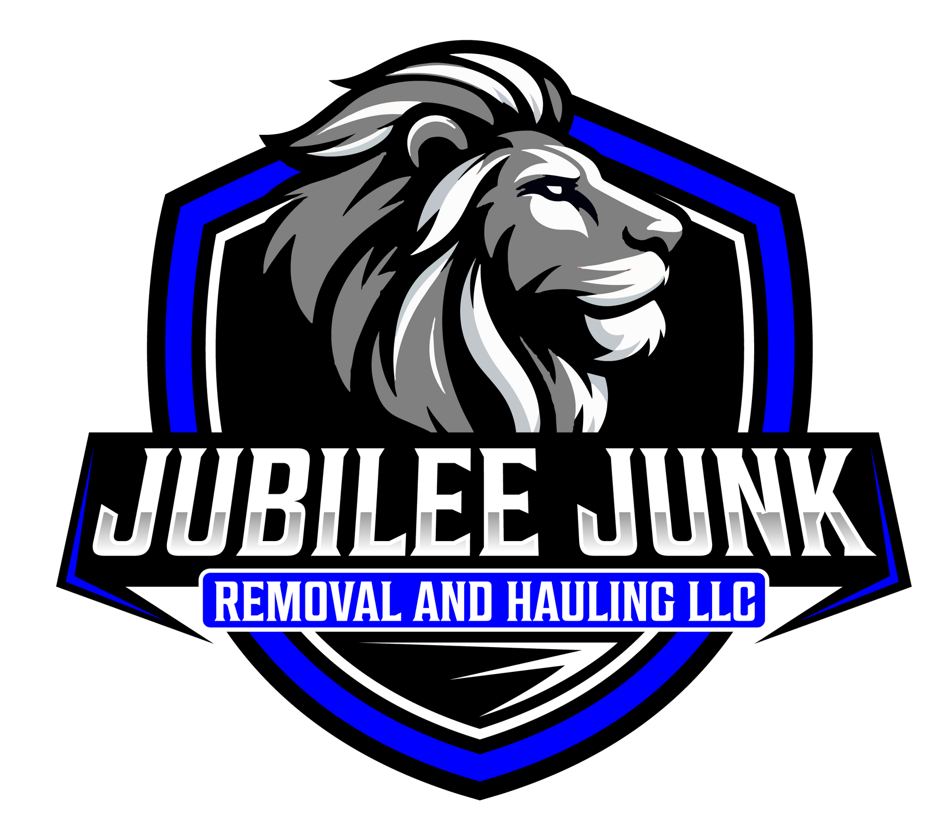 Jubilee Junk logo: Lion's head in shield. Blue and black with "Jubilee Junk" and "Removal and Hauling LLC."