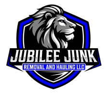Jubilee Junk logo: Lion's head in shield. Blue and black with "Jubilee Junk" and "Removal and Hauling LLC."