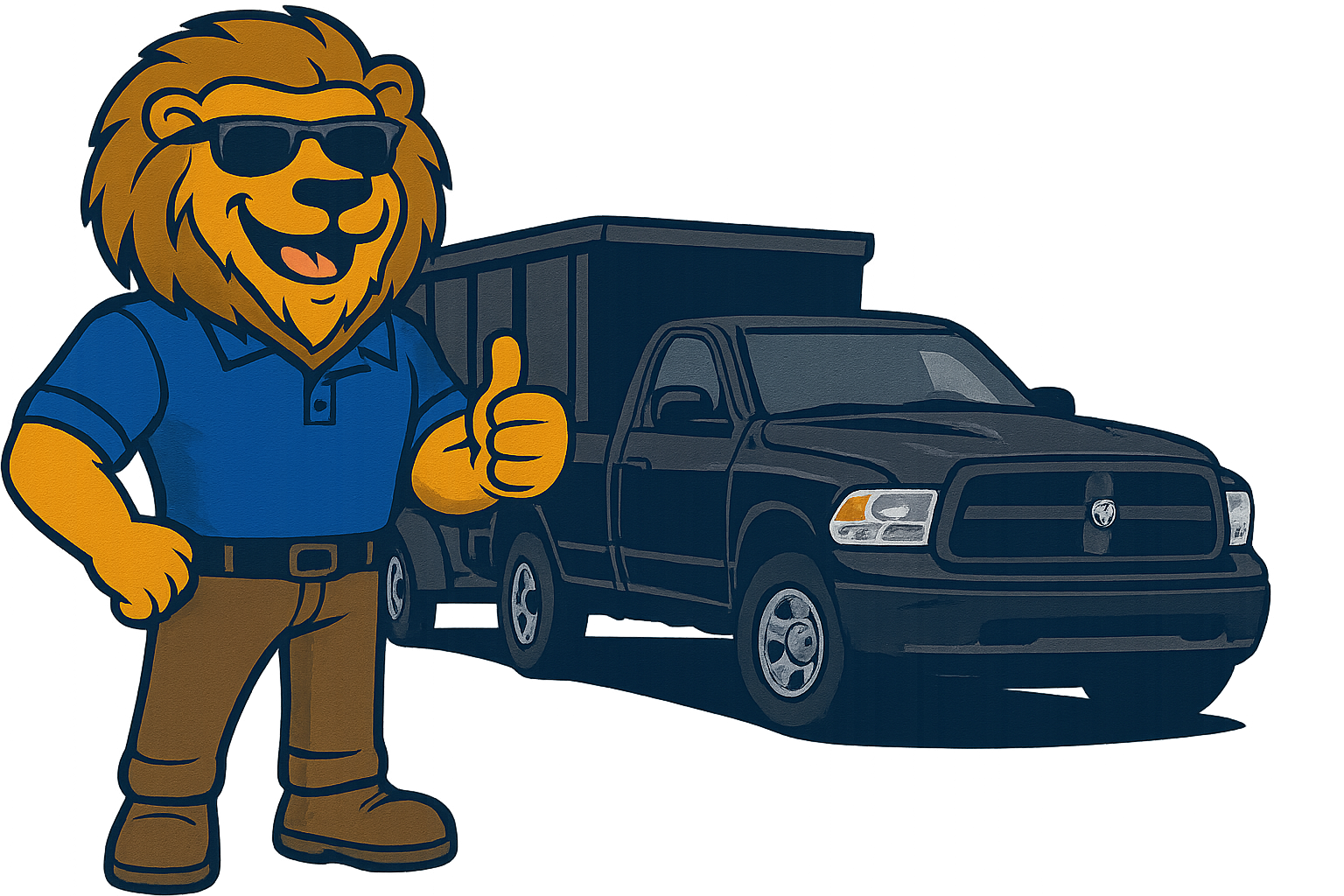 Lion mascot with sunglasses giving a thumbs up, standing by black pickup truck with a dumpster.