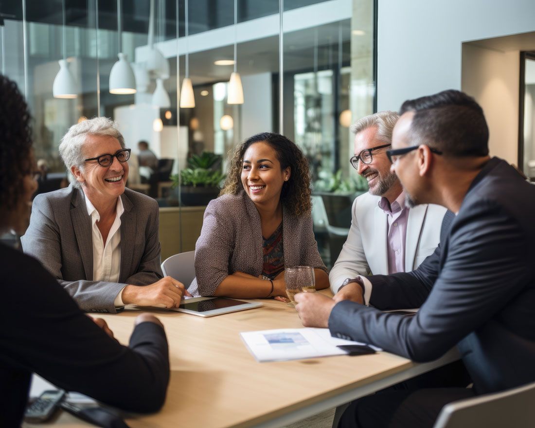 A group of people are sitting around a table having a meeting.