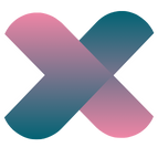 A blue and pink crossed letter x on a white background.