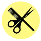 Black hair comb and scissors crossed inside a yellow circle, indicating hair cutting or barbering.