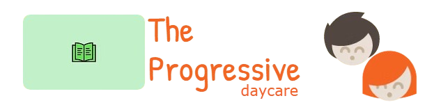 Logo for "The Progressive Daycare" with a green book icon and smiling child faces.