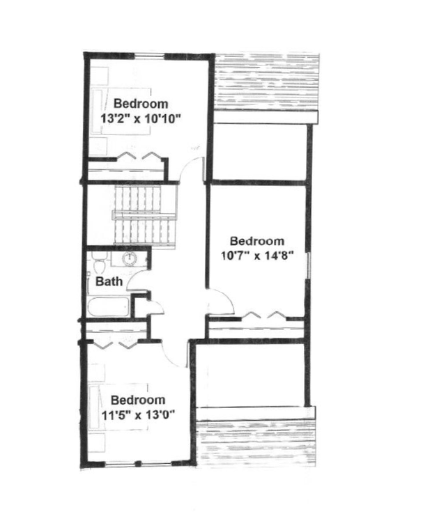 Floor plan of a multi-story house with three bedrooms and a bathroom.