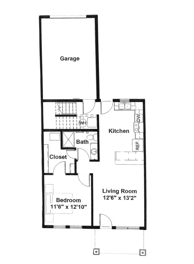 Floor plan of a one-story home, garage, bedroom, kitchen, living room, and bathroom.