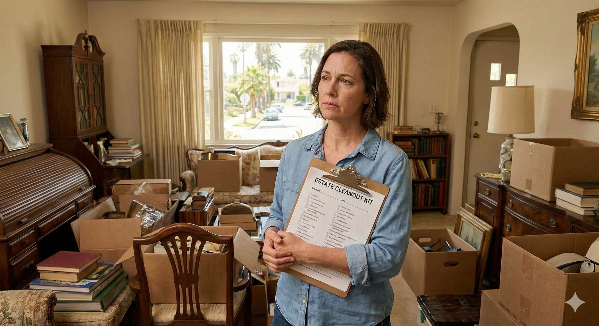 Woman in a cluttered room holding a clipboard, looking thoughtful, surrounded by packed moving boxes.