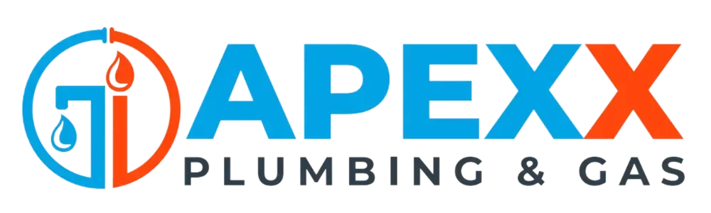 The logo for Apexx Plumbing and Gas is blue and red.