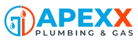 The logo for Apexx Plumbing and Gas is blue and red.
