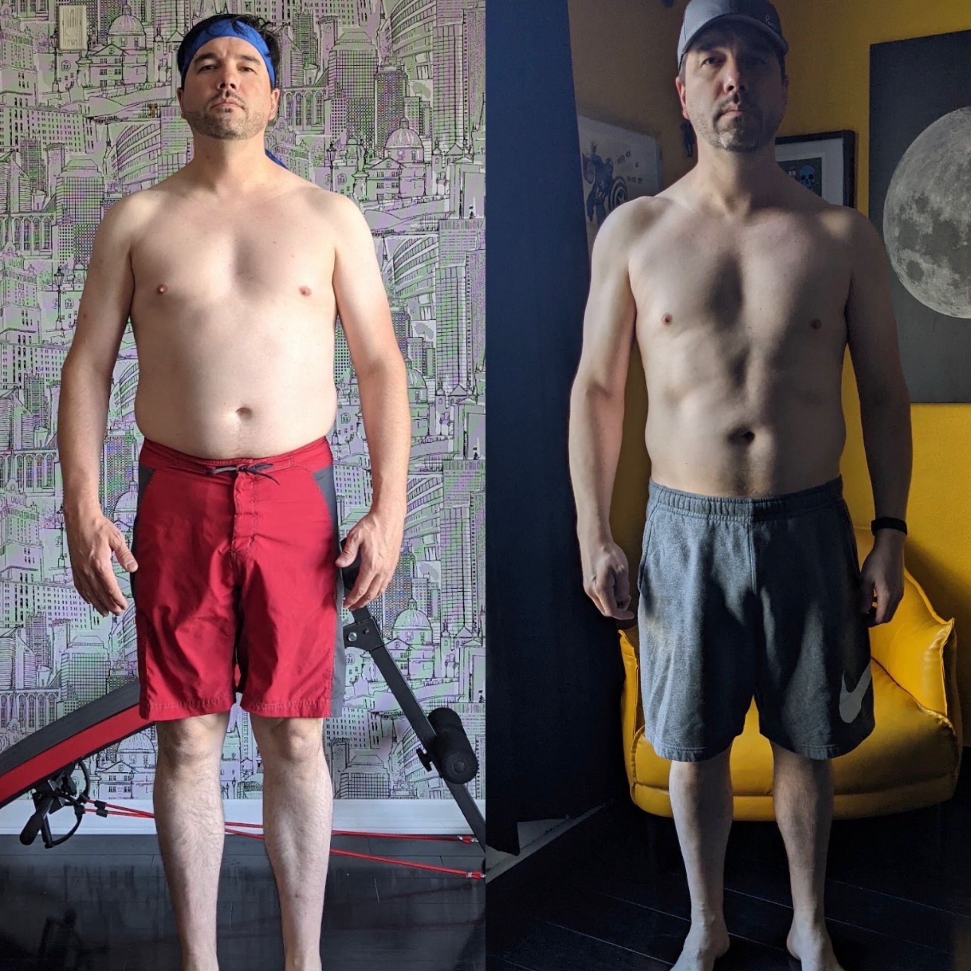 Side-by-side comparison: A man with red shorts and a blue headband transforms, losing weight, wearing gray shorts and a 