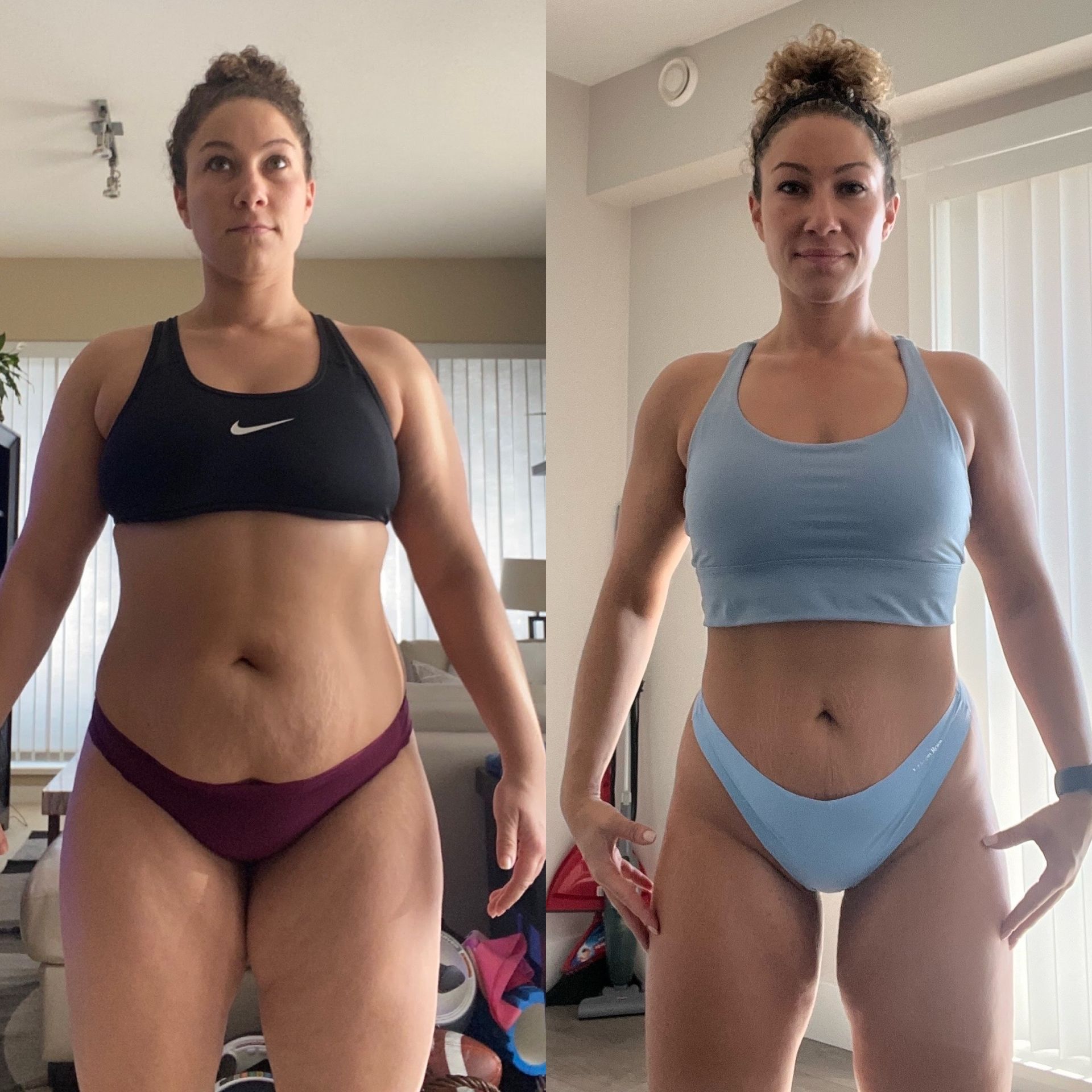 Side-by-side comparison of a woman's body before and after a fitness transformation. She's in a sports bra and underwear 
