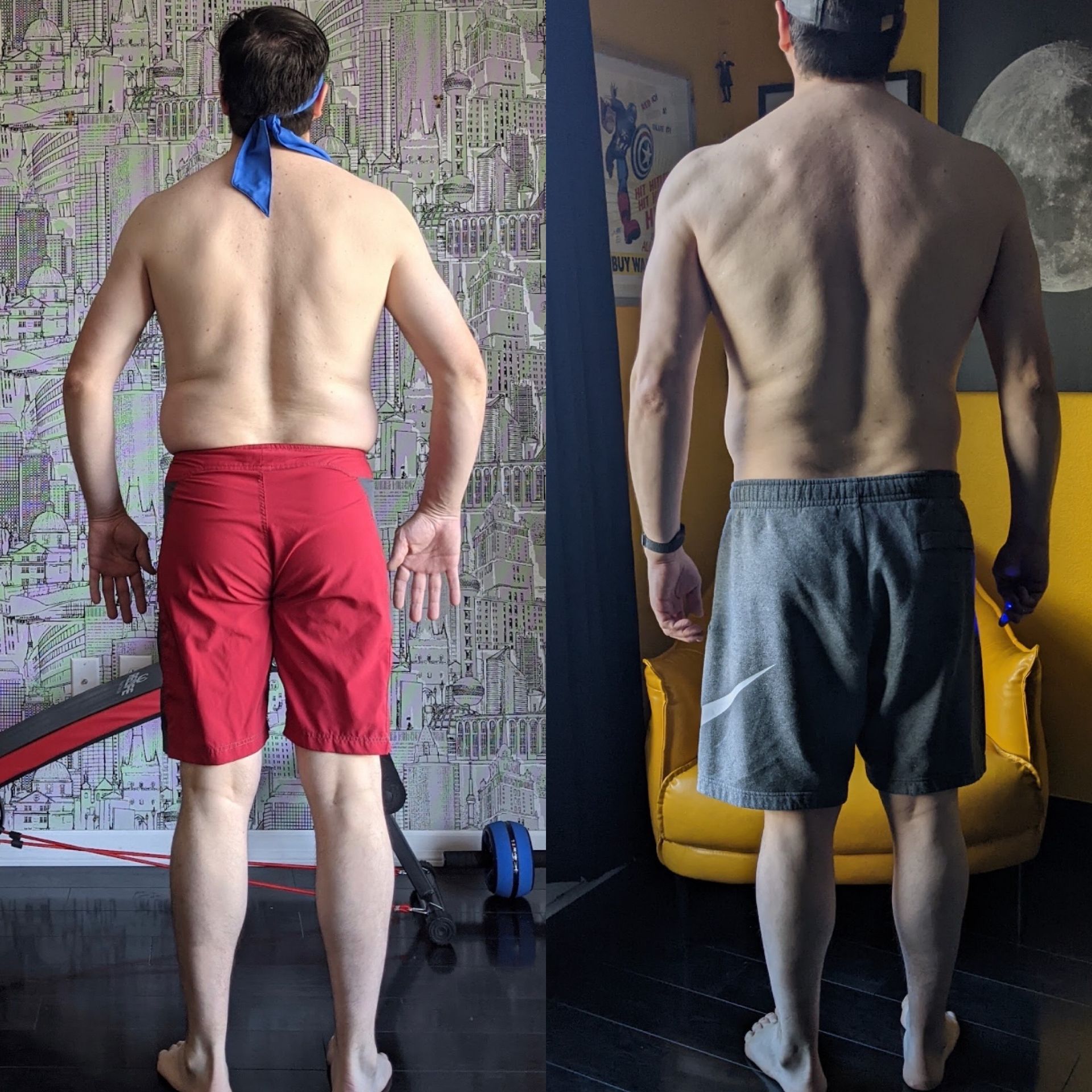 Before and after photos of a man's back; on the left he is heavier, in red shorts, and on the right, he is leaner in gra