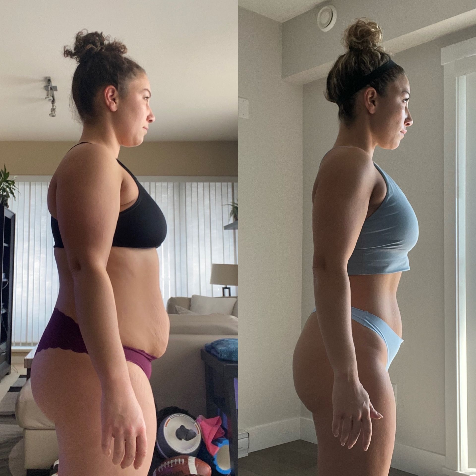 Before-and-after comparison of a woman in workout attire. Shows a slimmer physique with reduced belly fat and increased musc