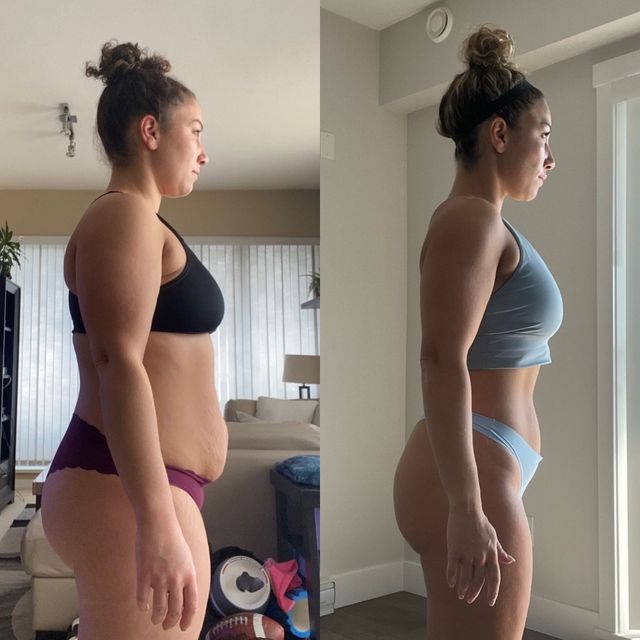 Before-and-after comparison of a woman in workout attire. Shows a slimmer physique with reduced belly fat and increased musc