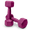 Two magenta dumbbells resting on a white surface, one upright, the other leaning against it.