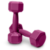 Two magenta dumbbells resting on a white surface, one upright, the other leaning against it.