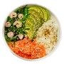 Poke bowl: Salmon, avocado, shrimp, seaweed, and rice in a white bowl, sprinkled with sesame seeds.
