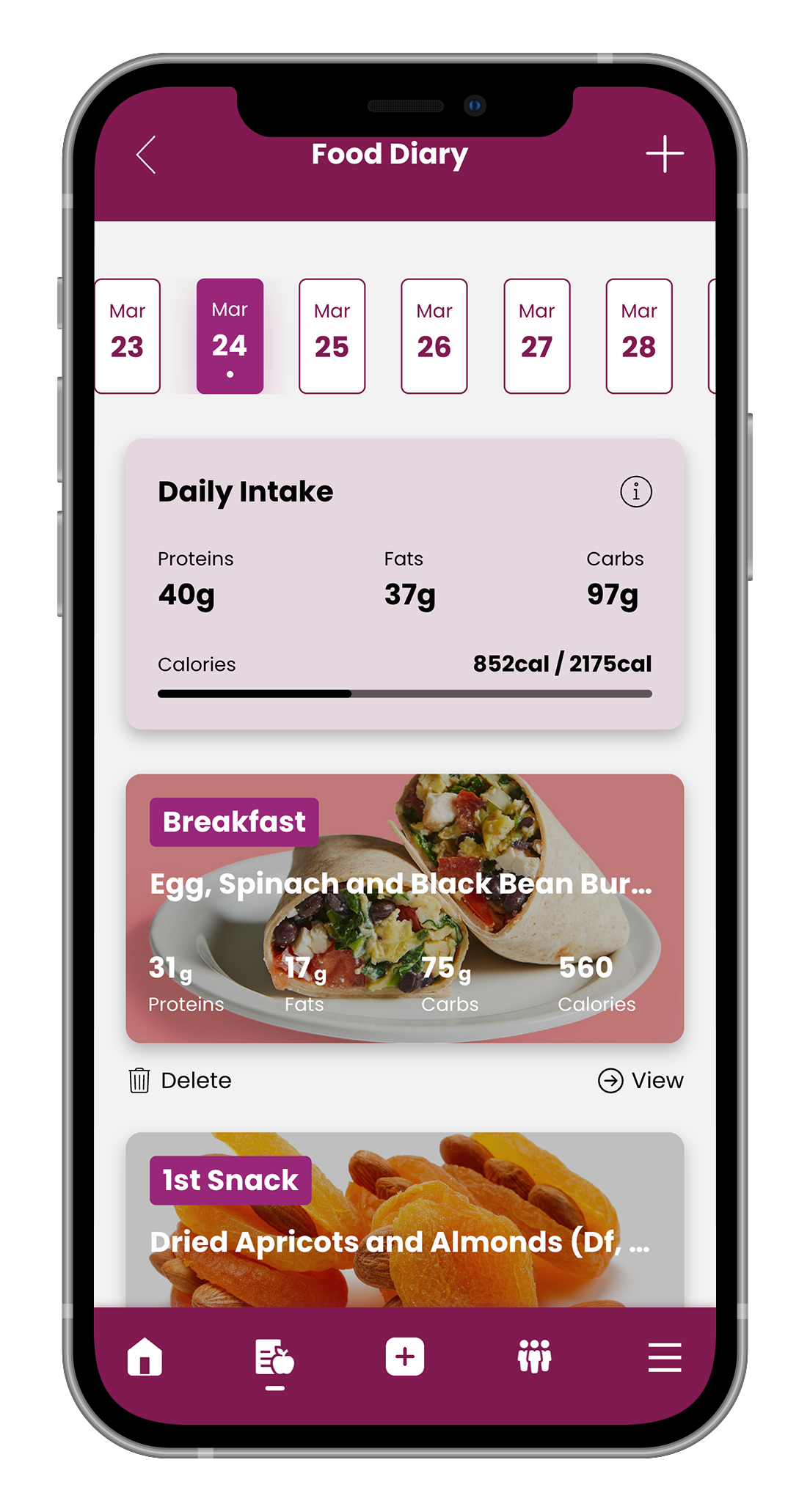 A mobile app interface showing daily food intake, breakfast (egg, spinach, steak burrito), and snacks, in a purple-themed design.