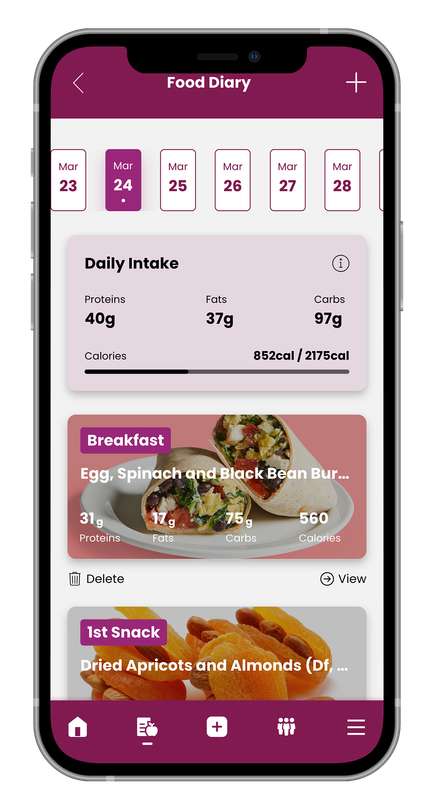 Mobile app showing a food diary, with daily intake stats and meal entries for breakfast and snacks. Interface uses shades of purple and pink.