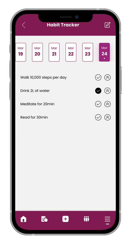 A smartphone screen displaying a habit tracker app. Purple theme. Currently selected date is the 24th. Lists tasks with checkmark icons.