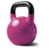 Pink kettlebell with a black handle, casting a shadow on a white background.