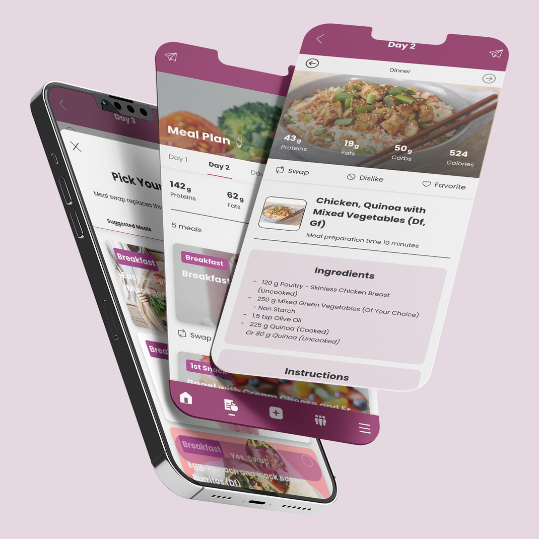 Three smartphones displaying a diet plan app with meal selections, recipes, and nutritional information, against a pink backdrop.