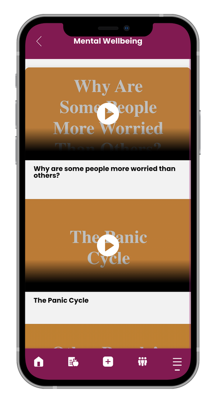 Smartphone screen showing a mental wellbeing app with videos titled 