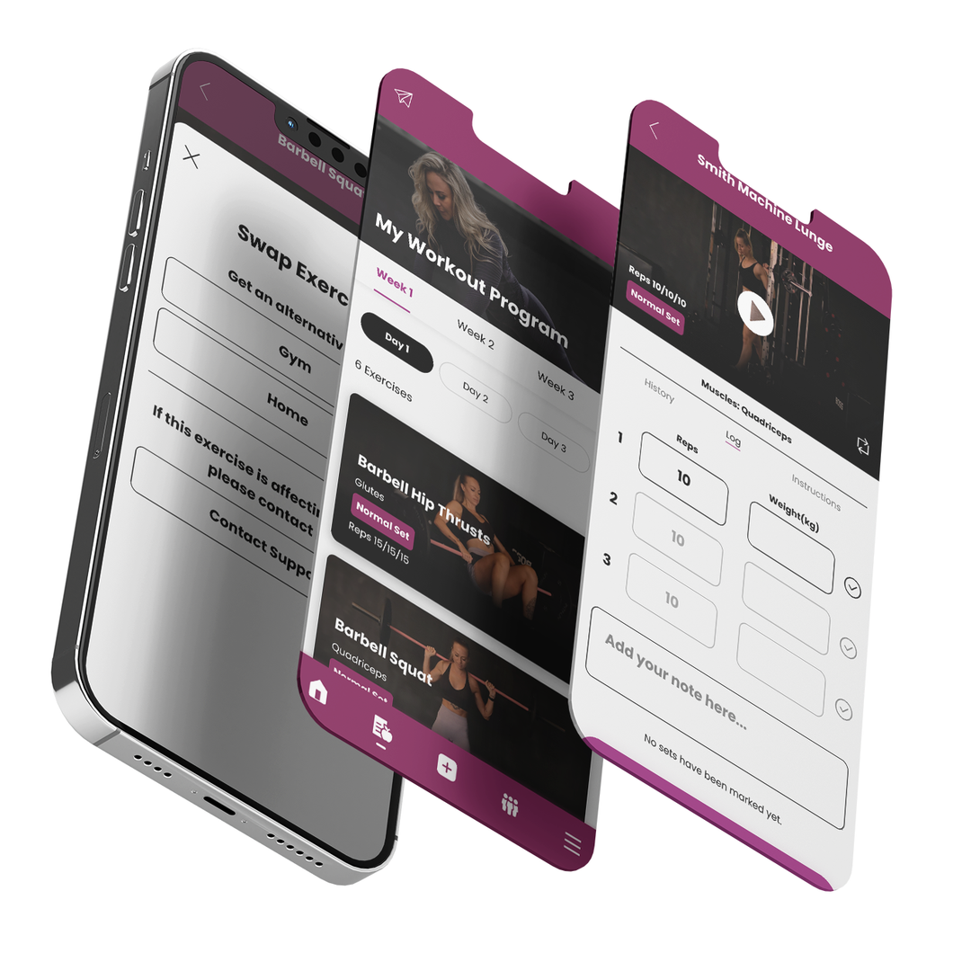 Three mobile phone screens displaying a fitness app interface, with a purple and white color scheme and a woman in workout attire.