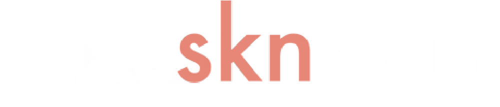 The word skn is written in red on a white background.