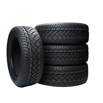 Four tires are stacked on top of each other on a white background.