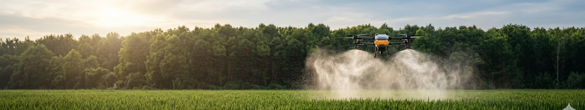 Un dron agrícola rocía una fina niebla sobre un exuberante campo verde al atardecer con una hilera de árboles al fondo.