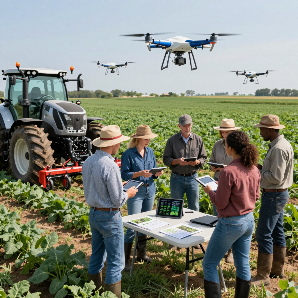 Los agricultores se reúnen alrededor de una mesa con tabletas y documentos en un campo con un tractor y drones en el aire.