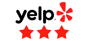 A yelp logo with three red stars on a white background