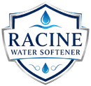Racine Water Softener Logo with Shield Badge Emblem, Water Droplet Icons, Wave Graphic, and Company Name in Racine, WI
