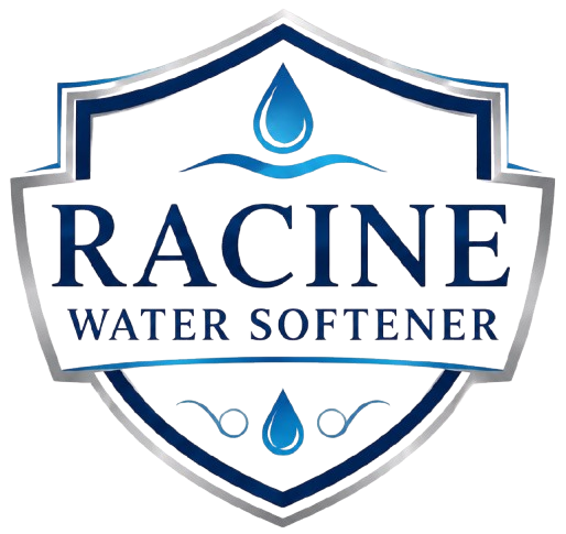 Racine Water Softener Logo with Shield Badge Emblem, Water Droplet Icons, Wave Graphic, and Company Name in Racine, WI