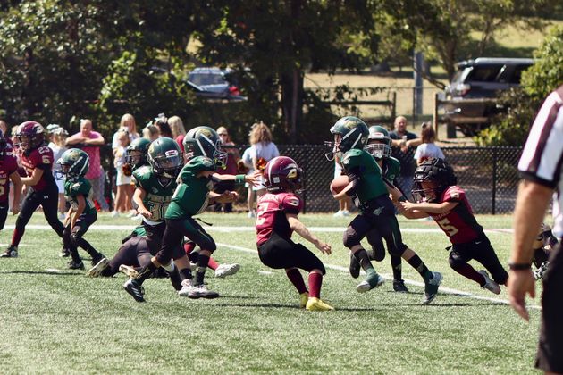 Football player in silver uniform runs with ball on a green field.