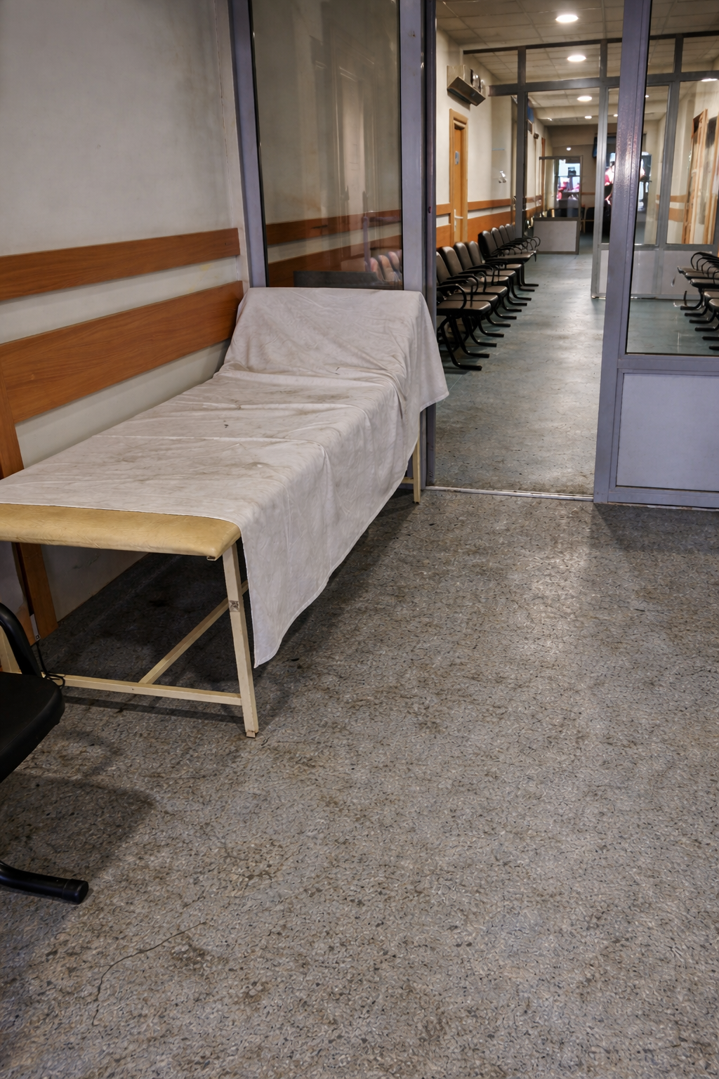 Hospital hallway with a patient bed and chairs.