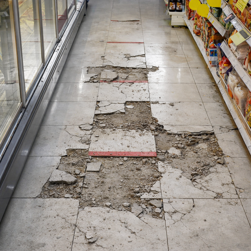 Damaged tile floor in a grocery store aisle, with large areas missing.