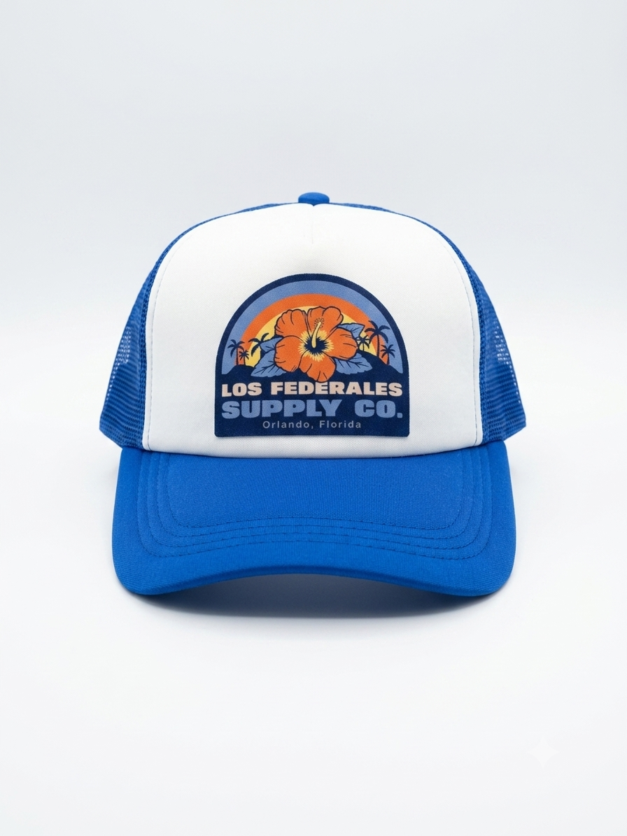 BEACH FLOWERS PRINT LOGO- TRUCKER – WHITE & ROYAL