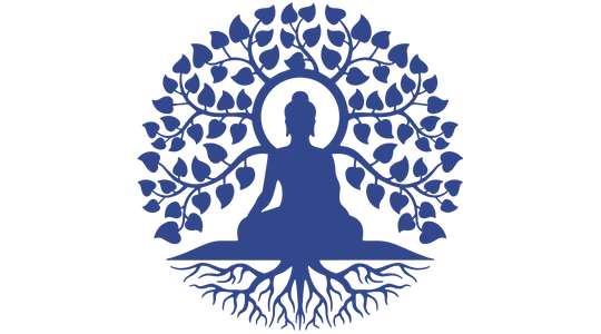 Silhueta azul de uma pessoa meditando sob uma árvore feita de folhas e raízes.