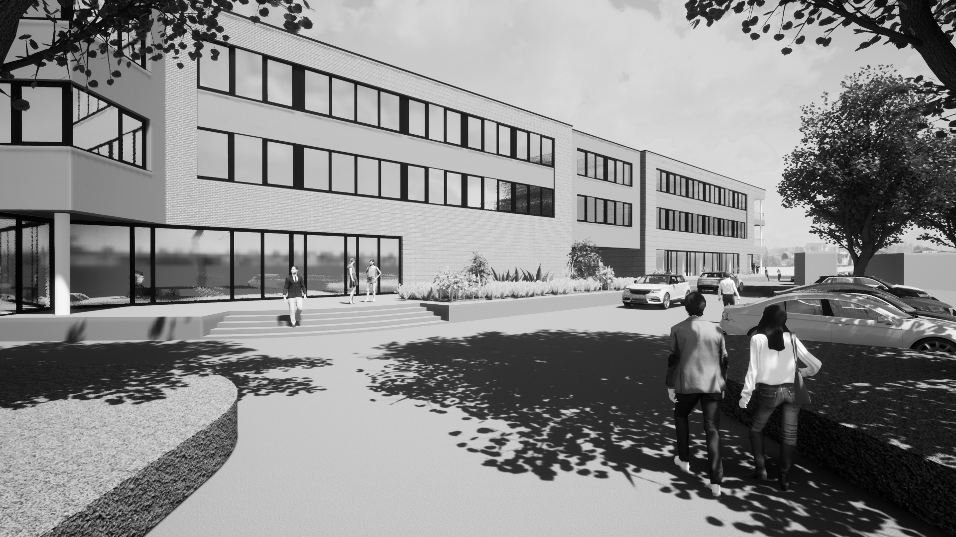 Ein Schwarzweißfoto von Menschen, die vor einem großen Gebäude spazieren gehen