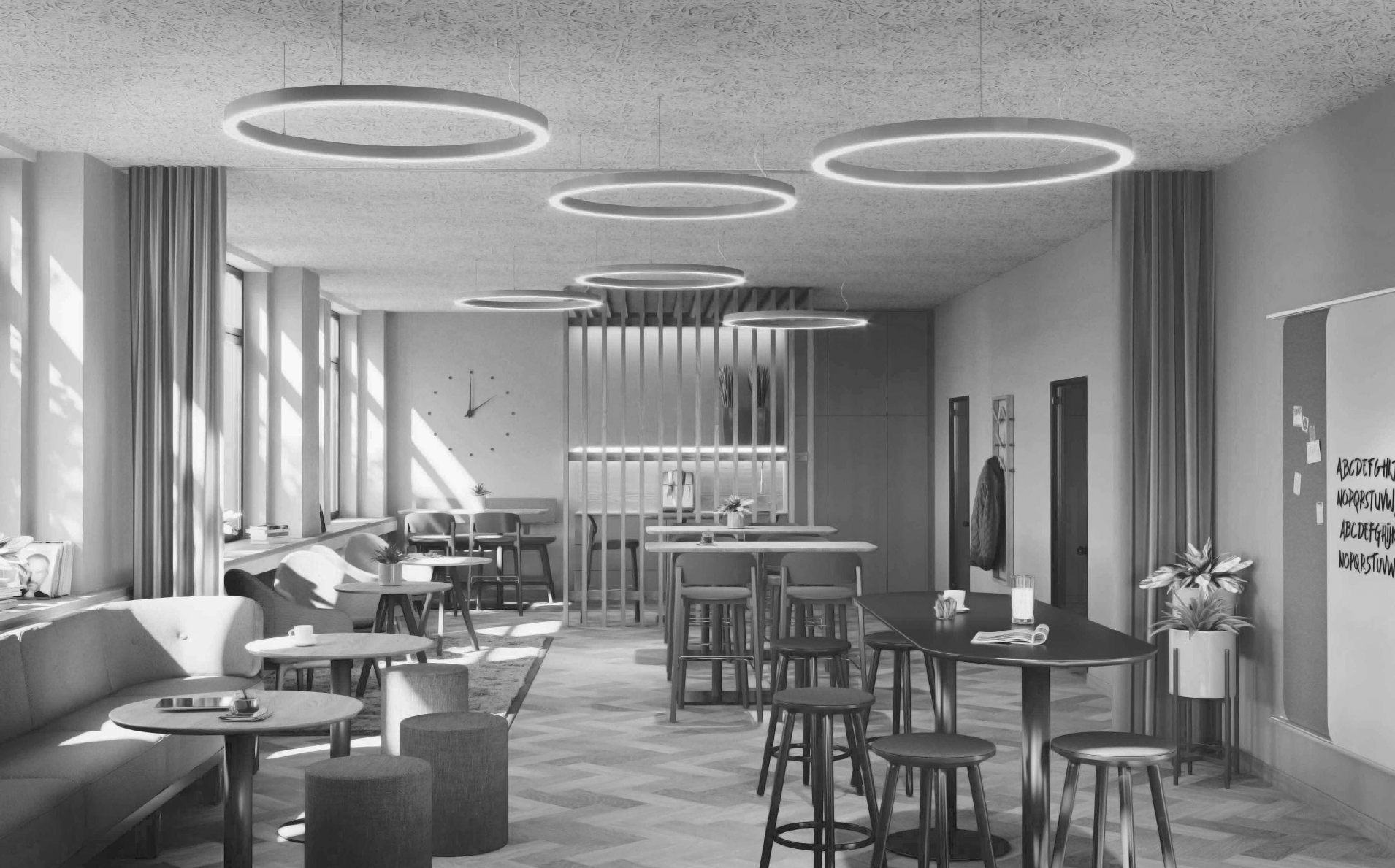 Ein Schwarzweißfoto eines Restaurants mit Tischen und Stühlen.