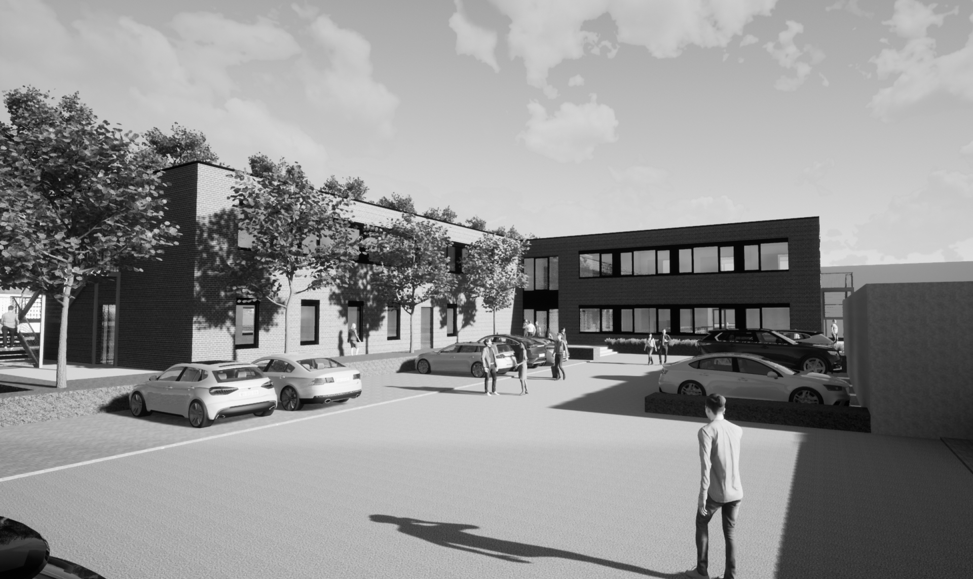 Ein Schwarzweißfoto eines Parkplatzes mit vor einem Gebäude geparkten Autos.