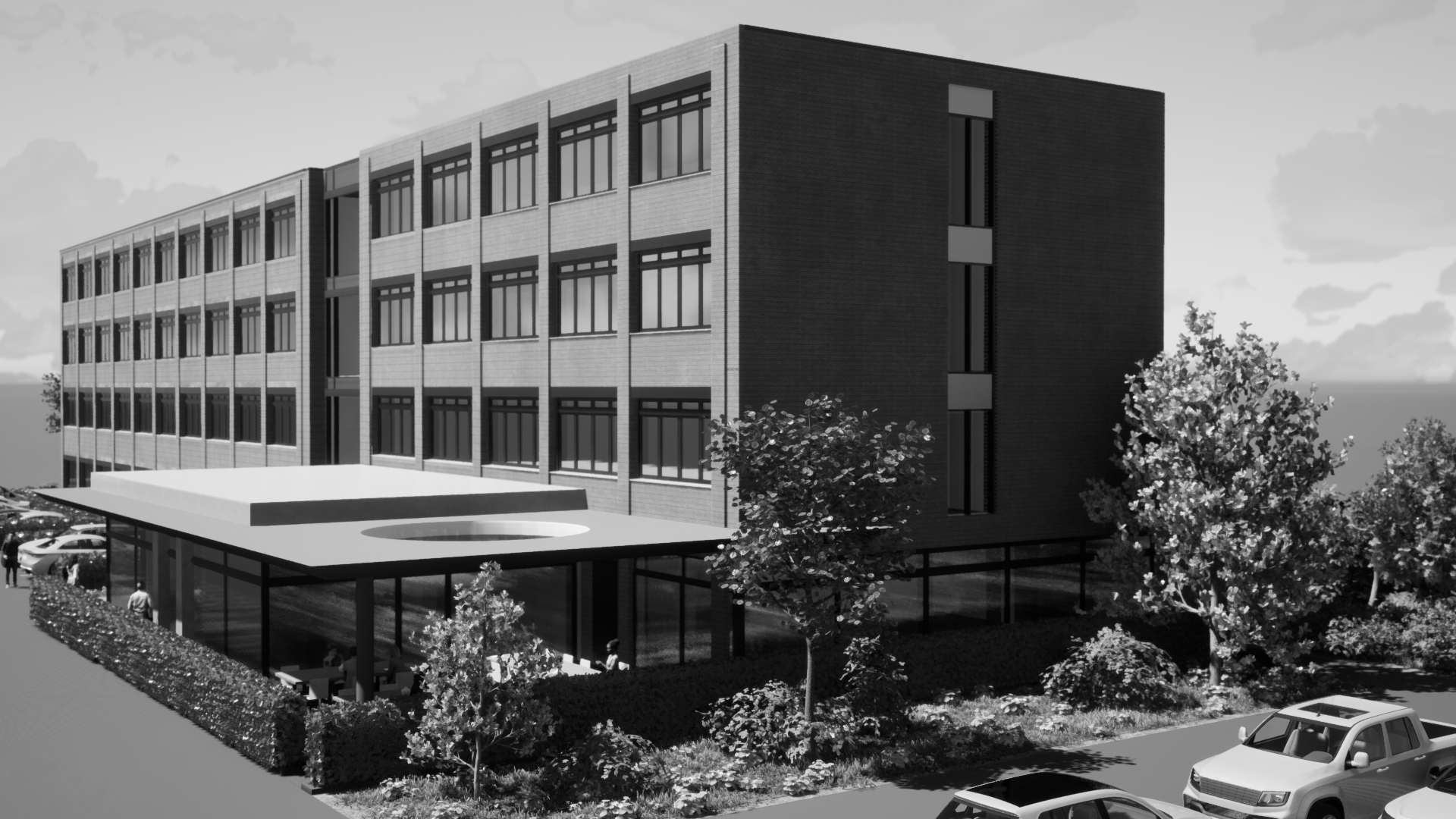 Ein Schwarzweißfoto eines großen Gebäudes mit davor geparkten Autos.