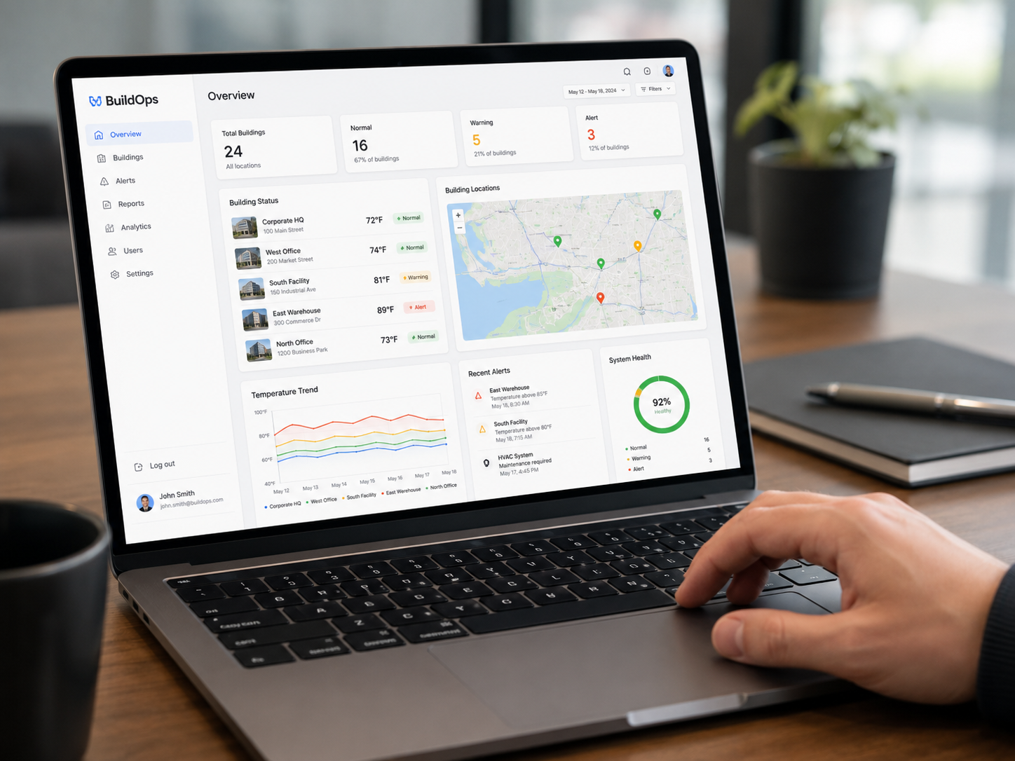 Multi-site HVAC dashboard monitoring cellular thermostats across several business locations