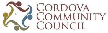 Cordova Community Council logo featuring connected figures in a circular design, with text to the right.